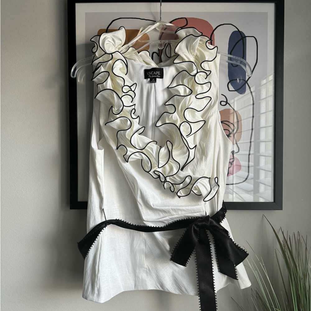Xscape Cream Ruffle Trim Blouse with Black Accents